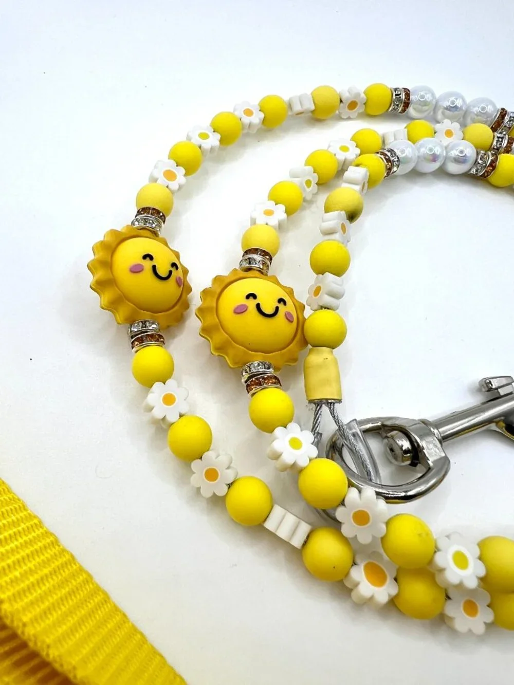 You Are My Sunshine Beaded Dog Leash | Handmade Yellow Daisy & Pearl Luxury Dog
